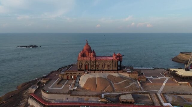 Kanyakumari, India - March 2026: drone video flying over Vivekananda Rock island and surrounding Arabian Sea