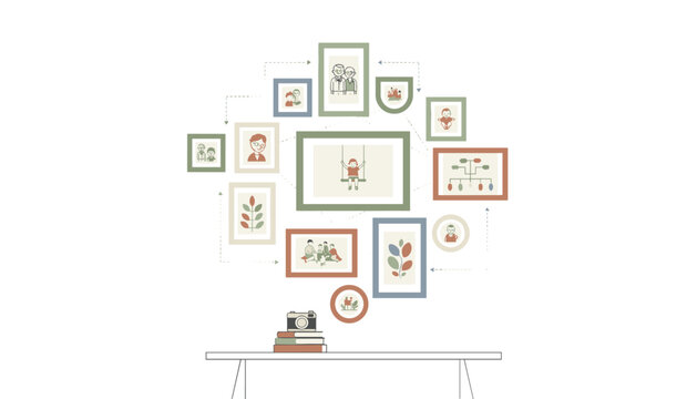 Elegant gallery wall layout featuring multiple family photo frames connected by lines above a desk with a vintage camera and books stack.