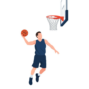 Vector illustration of a basketball player performing an underhand layup motion with dynamic movement lines, showing athletic posture and ball handling technique on a plain background.