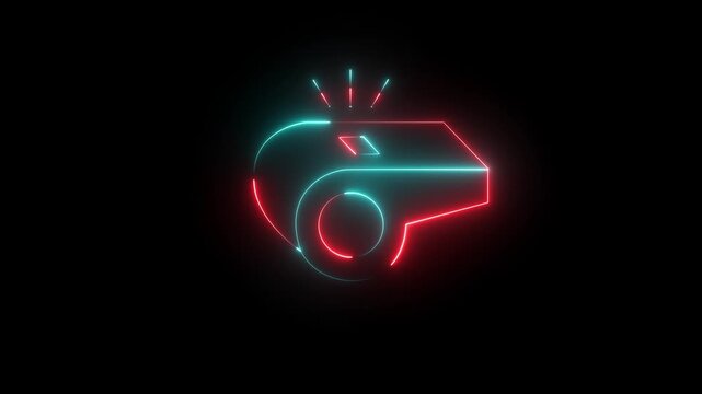 Glowing neon whistle icon isolated on black background. ,Neon purple whistle outline on black background animation symbol of referee equipment sport , equipment.