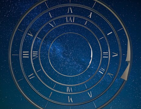 Concentric Roman Numeral Clock Rings Framing Starry Night Sky Background