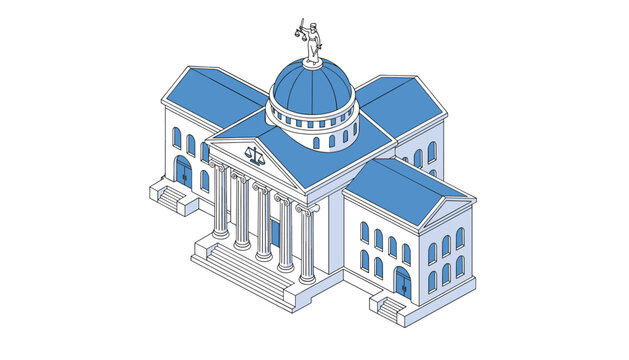 Grand isometric courthouse building with classical architecture, columns, and a golden scales of justice statue on the central dome.