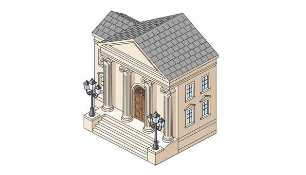 Sophisticated isometric view of a classic courthouse featuring gray tiled roof, tall supporting columns, and ornate vintage lamps.