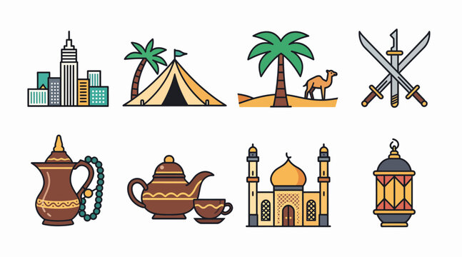 Middle Eastern cultural elements and city skyline vector icons