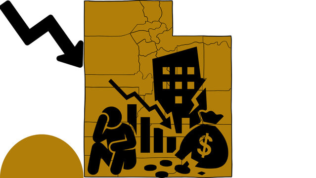Utah economic crisis and financial bankruptcy concept vector illustration. Declining graph, sad businessman, and broken money bag on Utah map