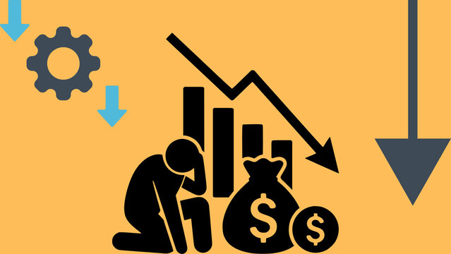 Business failure and economic crisis concept vector illustration. Depressed businessman kneeling next to declining graph, money bag, and downward arrows.