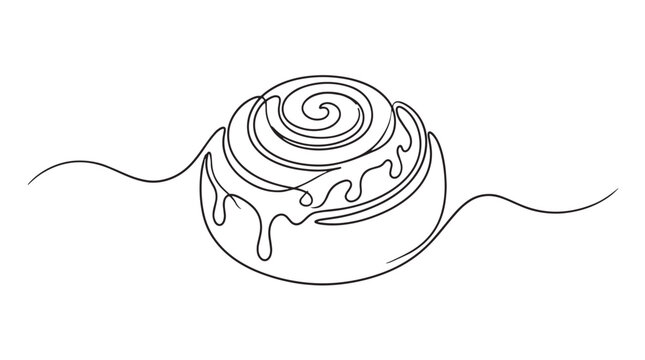 Minimalist cinnamon roll continuous line drawing, sweet pastry with icing swirl vector, elegant bakery bun outline illustration for cafe menu