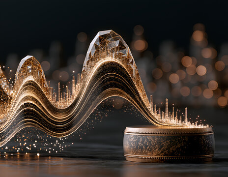 Dark Background Bronze Drum Sound Wave Frozen As Gold Crystal Polyhedra, Cold White Refraction Light, Visualized Sound Abstract Art, Commercial Visual Asset For Intangible Heritage Exhibition Video Et