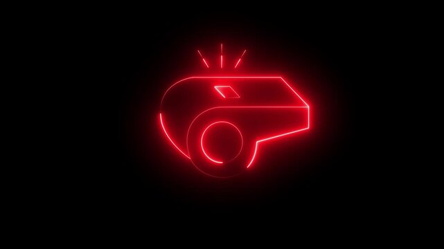 Glowing neon whistle icon isolated on black background. ,Neon purple whistle outline on black background animation symbol of referee equipment sport , equipment.