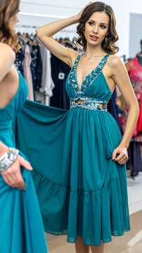 Woman in dress at boutique.