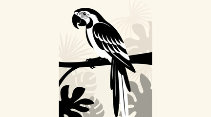 Fototapeta premium Stylized Macaw Perched on Branch with Tropical Leaves Backdrop