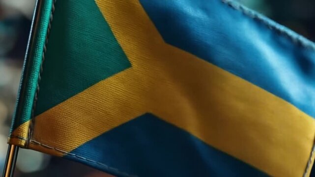 A close-up shot of a small flag waving with blue, yellow, and green colors. Softly lit, blurred background
