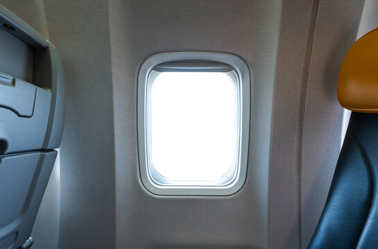 Airplane window template inside view, airliner porthole, isolated aircraft window with transparent glass