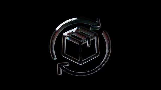 Shiny glass 3d icon of a cardboard box with a circular refresh arrow symbol 3D Icon