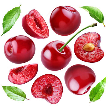 Seven juicy ripe sweet cherries arranged in a circle with leaves isolated on transparent background.
