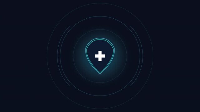Glowing medical location pin icon with plus sign representing healthcare finder, clinic map, and clean blood pressure monitoring concept