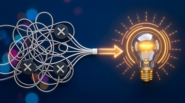 Strategic simplification of complex business problems showing tangled chaotic lines resolving into a bright glowing lightbulb representing successful corporate innovation and clear vision
