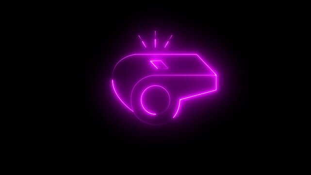 Glowing neon whistle icon isolated on black background. ,Neon purple whistle outline on black background animation symbol of referee equipment sport , equipment.