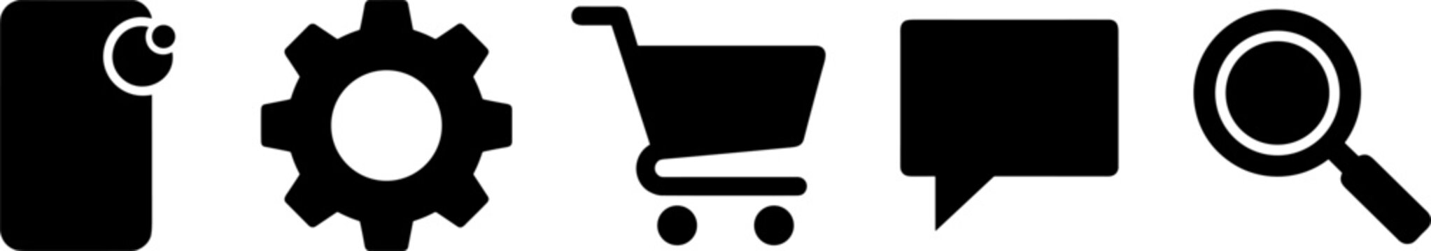 Essential Solid Black Minimalist E-Commerce Web and Mobile App UI Icon Set Featuring Phone Notification, Settings Gear, Shopping Cart, Chat Bubble, and Magnifying Glass Search Symbols