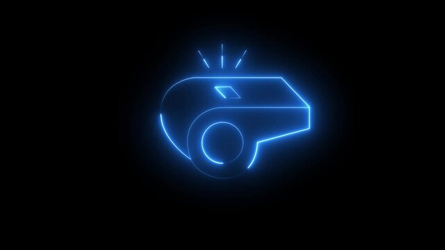 Glowing neon whistle icon isolated on black background. ,Neon purple whistle outline on black background animation symbol of referee equipment sport , equipment.