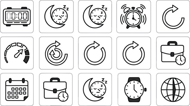 Time management sleep tracking business hours deadline calendar and workflow loop linear icons set