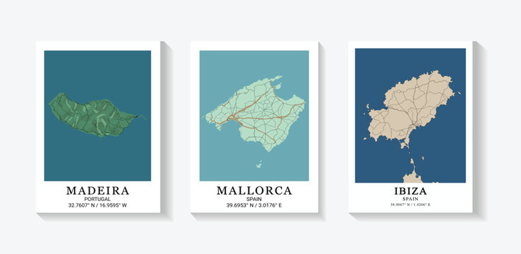 Set of 3 minimalist European island map prints featuring Madeira, Mallorca, and Ibiza, modern Spain Portugal beach travel poster with coordinates.