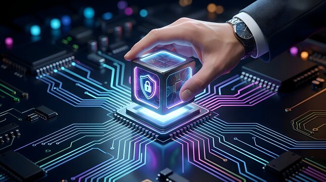 Futuristic network infrastructure setup showing human hand placing a glowing digital data core cube onto an advanced cybernetic circuit board platform for modern system initialization