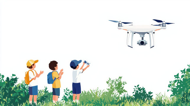 Children observing drone flying above green grass, excitement and curiosity evident in their expressions, showcasing technology and nature
