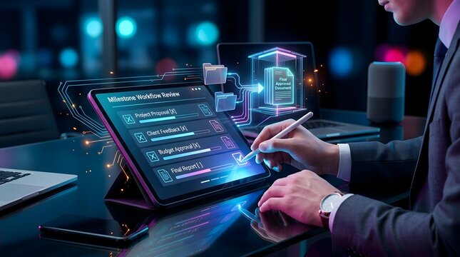 Professional logistics manager analyzing digital supply chain dashboard on tablet computer displaying real time global cargo tracking network data inside a modern corporate dark office