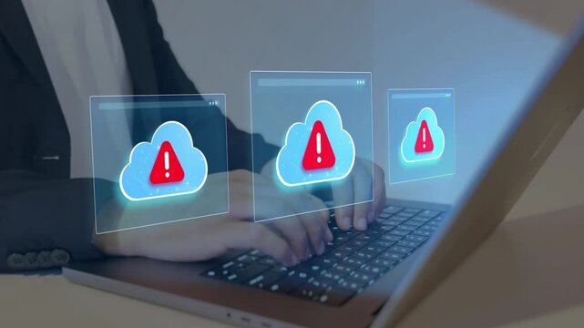 Cloud outage. Incident within cloud infrastructure. Application service unavailable. Warning alert icon on cloud 