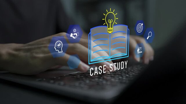 Case study education concept. Person using laptop with learning and research icons, knowledge analysis, problem solving and digital education.