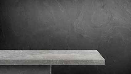 Empty grey marble table countertop showroom display shelf against dark charcoal stone slate wall texture backdrop background, horizontal presentation stage mockup for product placement. © WONGSAKORN