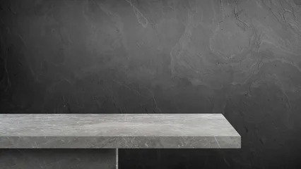 Empty grey marble table countertop showroom display shelf against dark charcoal stone slate wall texture backdrop background, horizontal presentation stage mockup for product placement. © WONGSAKORN