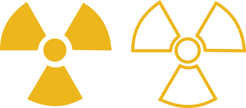 Radiation symbol icon set collection with nuclear hazard warning signs in black yellow red color variations, radioactive energy symbols, outline and filled vector design for safety and industrial use
