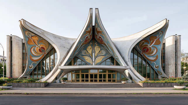 Panoramic exterior of a retro futurist city hall with a hyperbolic roof and mosaic murals, reflecting civic pride and optimistic Space Age design