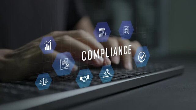 Compliance concept. Person typing keyboard with regulatory compliance and governance icons, policy management, risk control and business accountability.