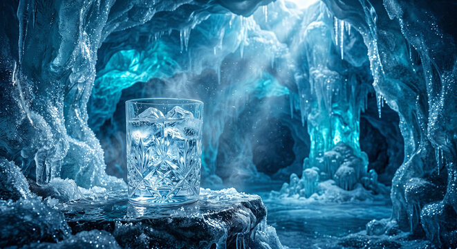 Ice glass image with an ice cave background