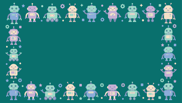 Cute cartoon robot frame on teal background. Vector border design with friendly retro robots and central copy space for cards, invitations, and graphic projects. Flat vector illustration EPS 10.