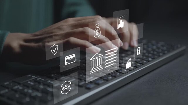 Digital banking and finance information transaction concept. Person typing keyboard with online banking and financial transaction icons, secure payments, account management and fintech solutions.