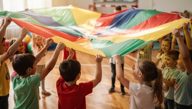 A group of kids holding a vibrant parachute in focus the fabric billowing while the room fades gently into the background highlighting teamwork during indoor play.