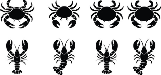 Black and white line art illustration of crabs and lobsters in minimalist style © kazi Motassim Billah