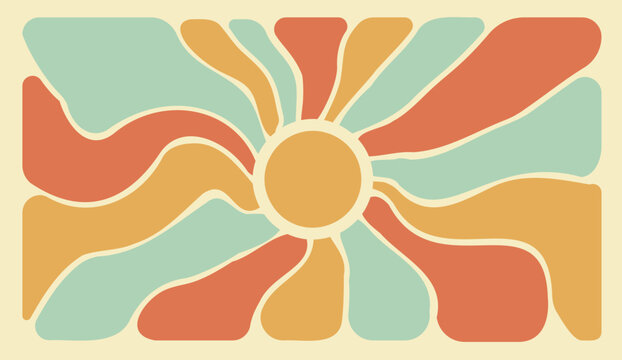 Retro Groove sun pattern with groovy waves and radial rays. Vintage summer background featuring psychedelic sunburst design, vibrant colors, and 70s-inspired geometric shapes.