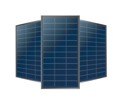 Modern solar panel system with photovoltaic cells converting sunlight into clean energy, realistic 3D design on transparent background for sustainable power generation projects.