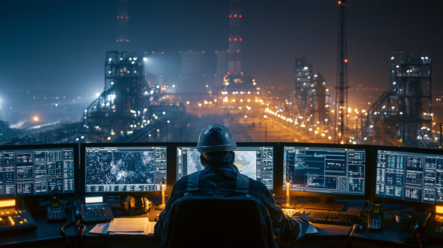 A power plant operator monitoring glowing control panels alone at night, vast industrial space behind him, essential infrastructure concept