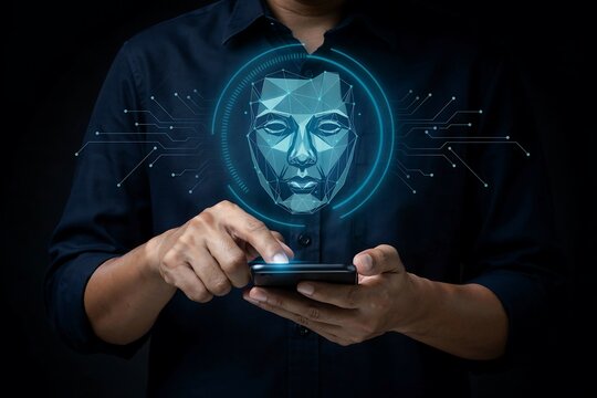 Professional holding smartphone with futuristic ai facial recognition hologram in dark tech environment