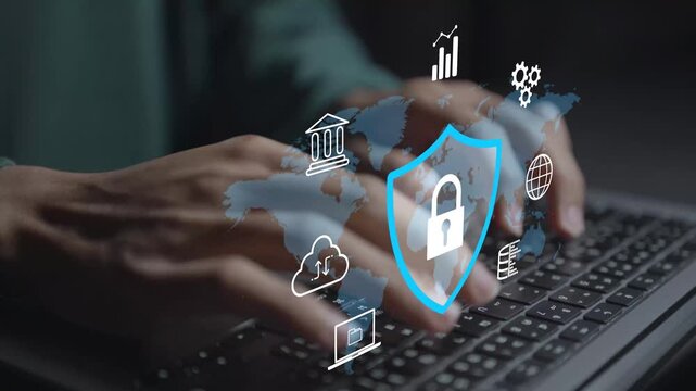 Shield security protection digital technology concept. Person using laptop with cybersecurity shield and network protection icons, secure data management, threat prevention and digital security.