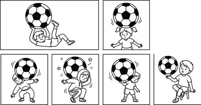 Kids Soccer Football Freestyle Acrobatics Set Featuring Boys and Girls Juggling Balancing Ball on Head Back Neck and Spinning on Finger Sketch Vector Illustrations