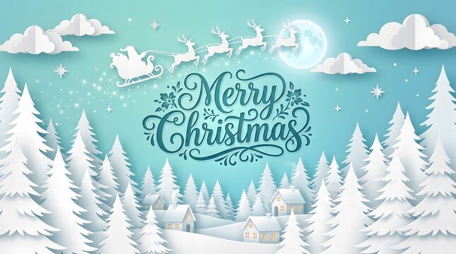 Merry christmas greeting card design with santa claus flying over a snowy pine forest at night