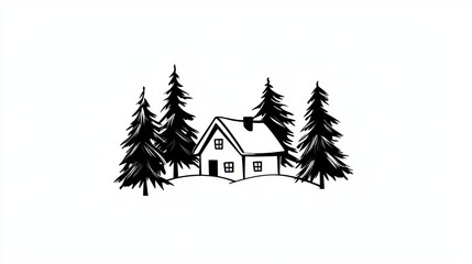 Obraz premium Simple black and white illustration of cozy house surrounded by tall pine trees, evoking serene winter atmosphere