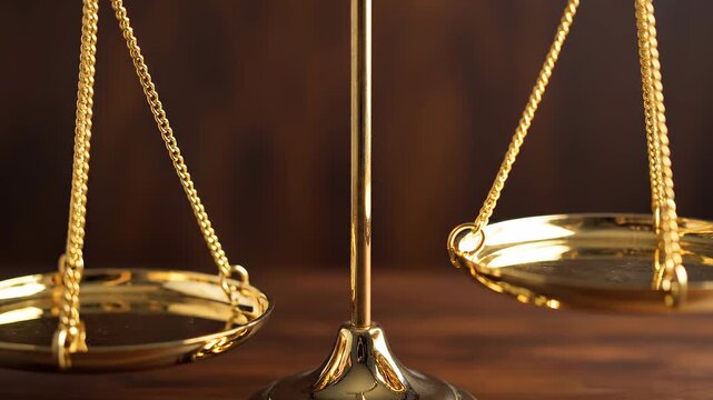 Golden Scales of Justice on Wooden Background